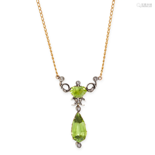 AN ANTIQUE PERIDOT AND DIAMOND PENDANT NECKLACE in