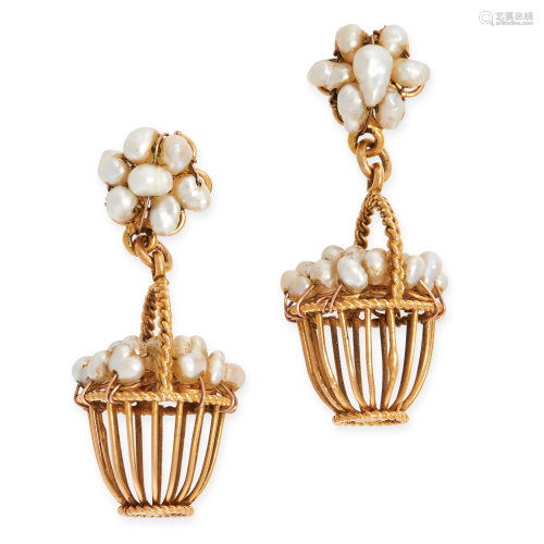 A PAIR OF ANTIQUE PEARL EARRINGS in yellow gold, each
