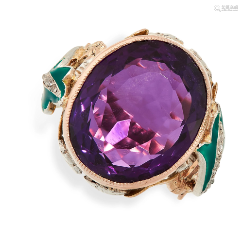 AN AMETHYST, DIAMOND AND ENAMEL RING in yellow gold a…