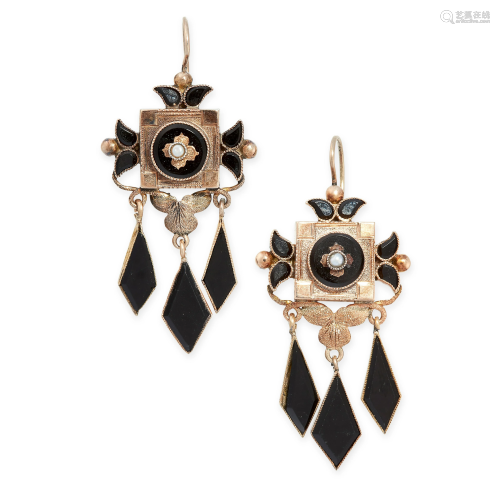 A PAIR OF ANTIQUE ONYX AND PEARL EARRINGS, 19TH CENTU…