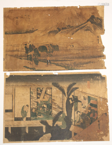 2 Japanese woodblock prints - 1 w Mt. Fuji & rive