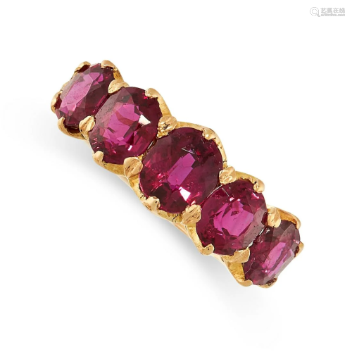 AN ANTIQUE UNHEATED RUBY FIVE STONE RING in 18ct yellow