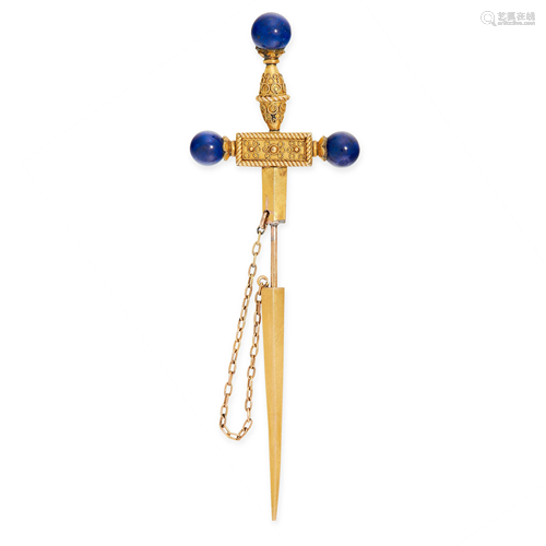 AN ANTIQUE LAPIS LAZULI SWORD BROOCH, 19TH CENTURY in