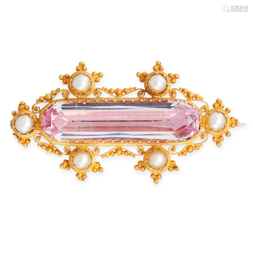 AN ANTIQUE PINK TOPAZ AND PEARL BROOCH, 19TH CENTUR…