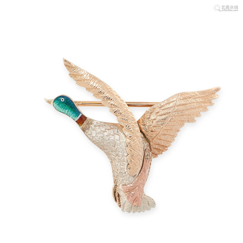 AN ENAMEL DUCK BROOCH in 9ct yellow gold, designed as a
