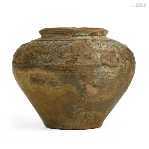 Chinese Tang Impressed Jar with Yellow Green Glaze