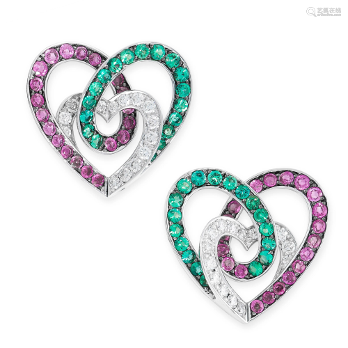 A PAIR OF RUBY, EMERALD AND DIAMOND EARRINGS each