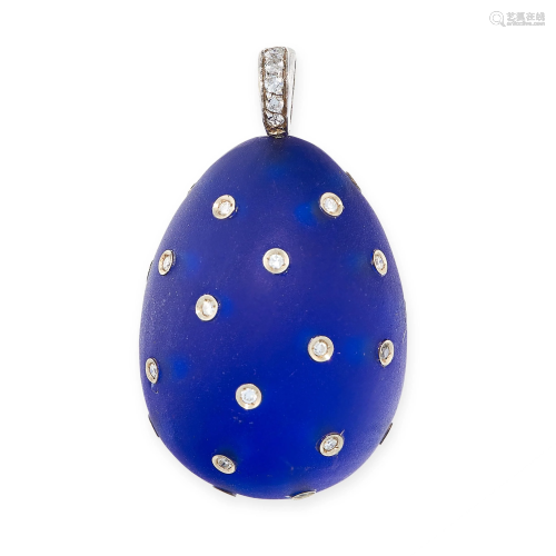 A DIAMOND AND BLUE GLASS EGG PENDANT the body formed of
