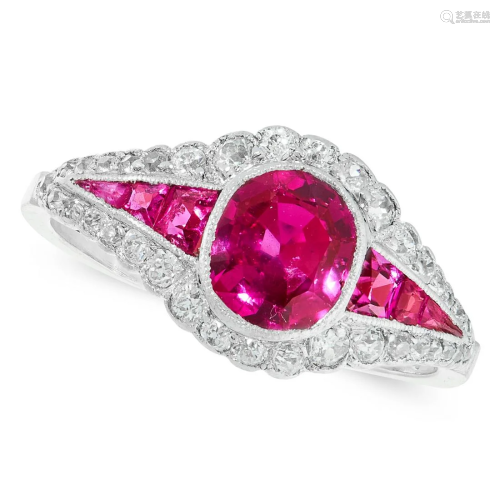 A BURMA NO HEAT RUBY AND DIAMOND RING in platinum, set
