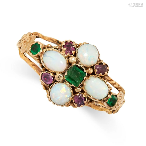 AN ANTIQUE OPAL, GARNET AND EMERALD RING in yellow