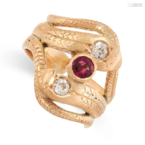 A RUBY AND DIAMOND SNAKE RING in yellow gold, the band