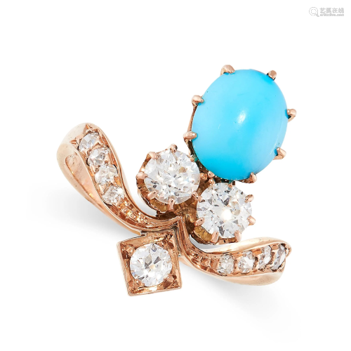 AN ANTIQUE TURQUOISE AND DIAMOND TIARA RING in yellow