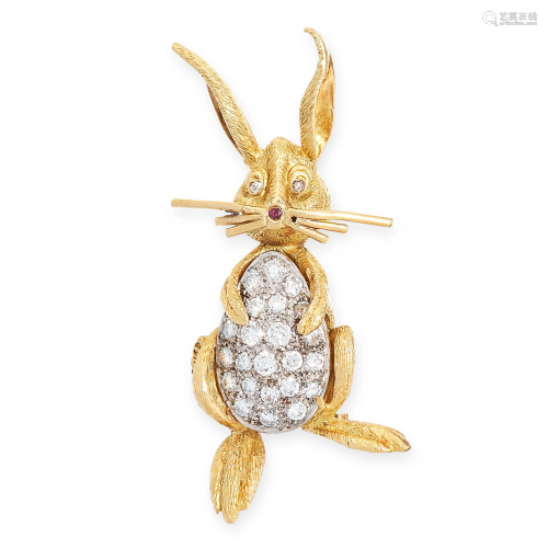 A DIAMOND AND RUBY RABBIT BROOCH in yellow gold,