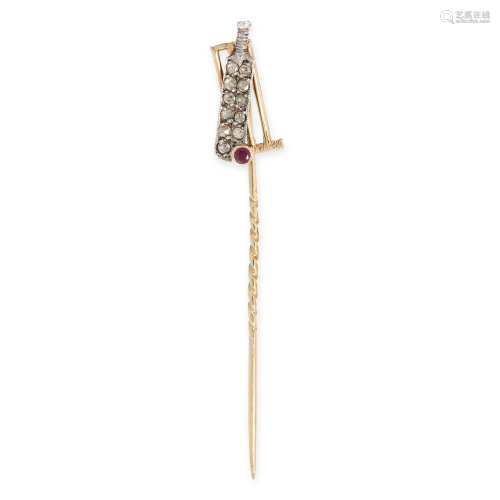 AN ANTIQUE DIAMOND AND RUBY TIE / STICK PIN BROOCH in