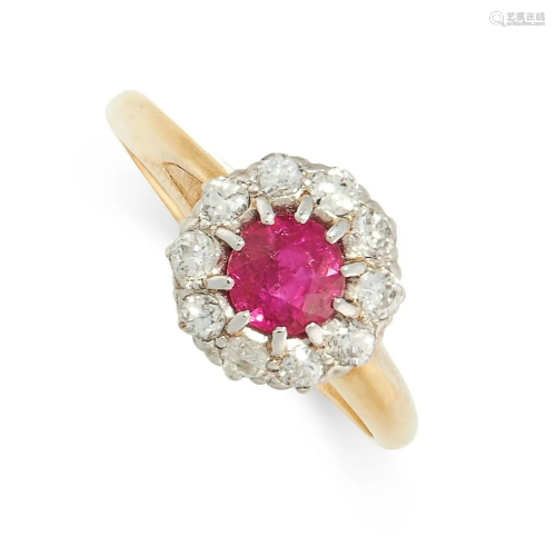 A BURMA NO HEAT RUBY AND DIAMOND RING in yellow gold,