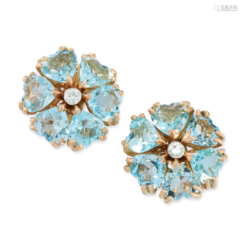 A PAIR OF VINTAGE AQUAMARINE AND DIAMOND EARR…