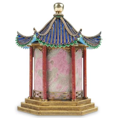 Chinese Republic Enameled Gilt Silver Pagoda Caddy