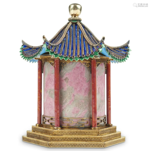 Chinese Republic Enameled Gilt Silver Pagoda Caddy