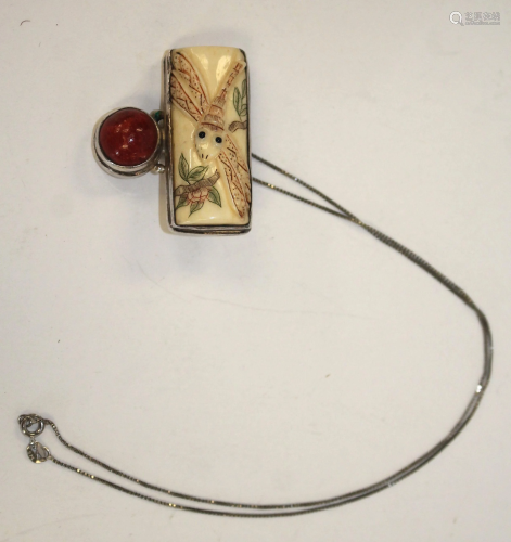 Chinese bone & carnelian pendant w dragonfly motif set