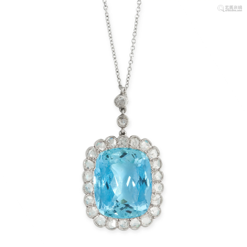AN AQUAMARINE AND DIAMOND PENDANT AND CHAIN in…