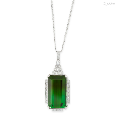 A GREEN TOURMALINE AND DIAMOND PENDANT AND CHAIN in