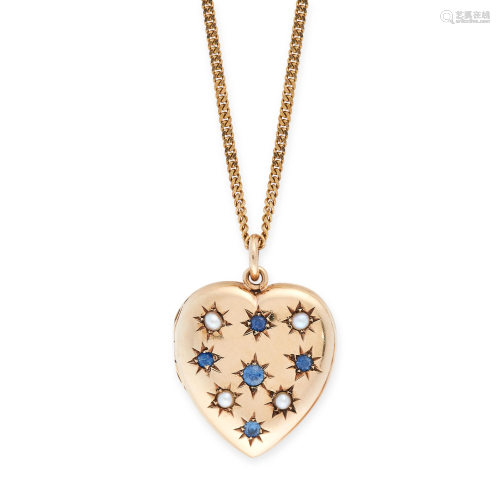 A SAPPHIRE AND PEARL LOCKET PENDANT AND CHAIN in ye…