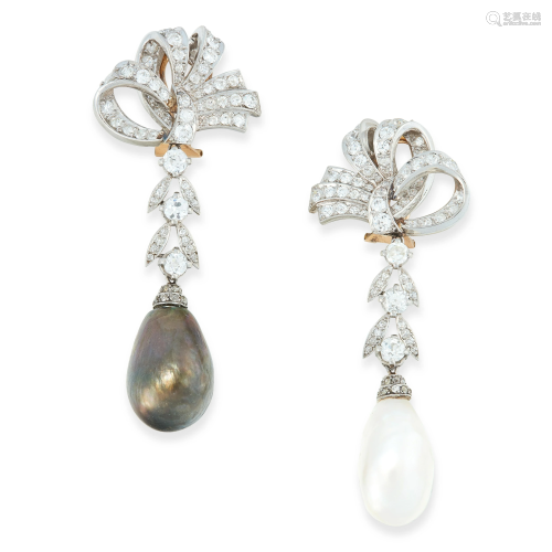 A PAIR OF PEARL AND DIAMOND EARRINGS composed of a
