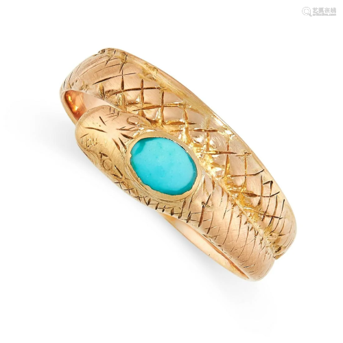 AN ANTIQUE TURQUOISE SNAKE RING in yellow gold,