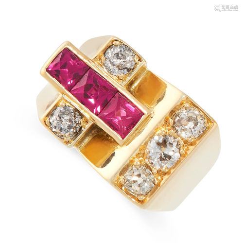 A RETRO DIAMOND AND RUBY RING in 18ct yellow gold, set