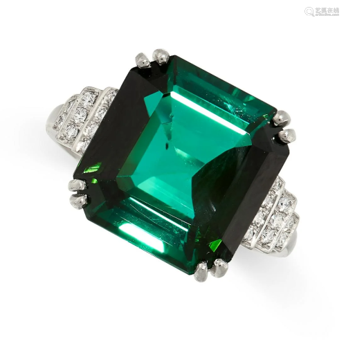 A GREEN TOURMALINE AND DIAMOND RING in 18ct white gold,