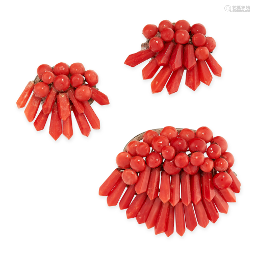 A CORAL BROOCH AND EARRINGS SUITE each set with
