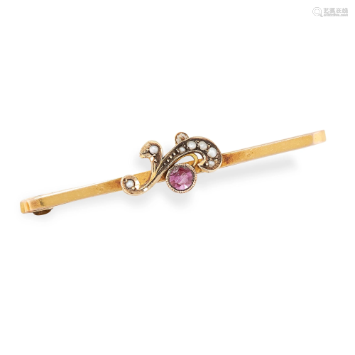 AN ANTIQUE RUBY AND PEARL BROOCH in 9ct yellow gold,