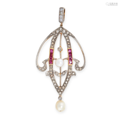 A BELLE EPOQUE DIAMOND, PEARL AND RUBY PENDANT, EARLY