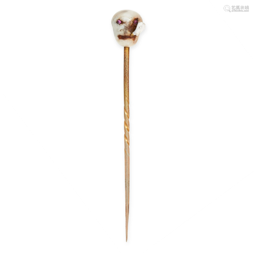 AN ANTIQUE PEARL, RUBY AND ENAMEL TIE / STICK PIN