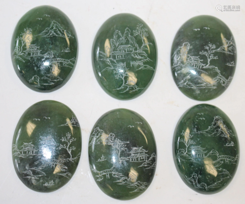 6 Asian jade etched oval pendants - not set or drilled