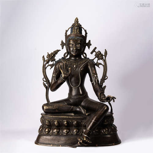 A CHINESE ALLOY COPPER FIGURE OF BUDDHA SEATED STATUE INLAID...