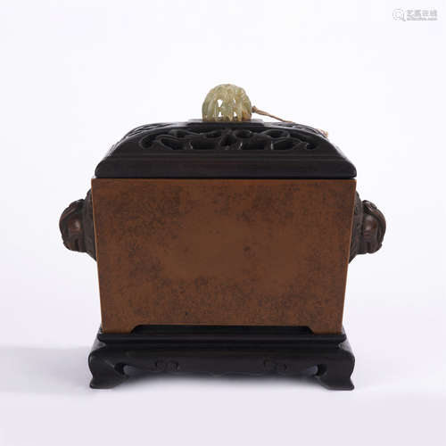 A CHINESE SQUARE DOUBLE BEAST HANDLE BRONZE CENSER