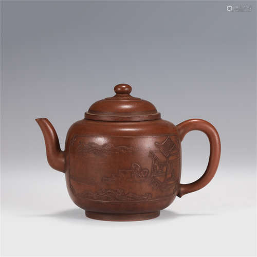 A CHINESE CARVED FIGURY STORY YIXING ZISHA CLAY TEA POT