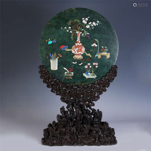 A CHINESE QING STYLE JASPER INLAID GEMSTONES ROUND TABLE SCR...