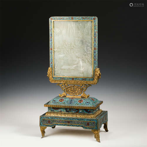 A CHINESE CLOISONNE INLAID JADE TABLE SCREEN