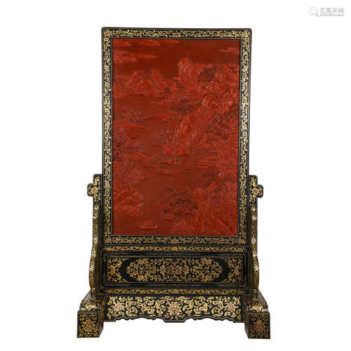 A CHINESE CARVED TIXI LACQUER TABLE SCREEN