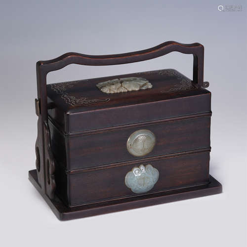 A CHINESE QING STYLE ZITAN INLAID JADE HANDLE BOX