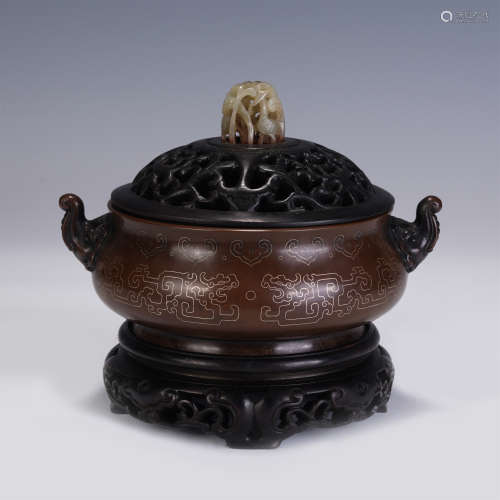 A CHINESE QING STYLE BRONZE INLAID SILVER LINES INCENSE BURN...