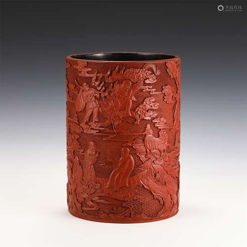 A CHINESE CARVED FIGURE STORY TIXI LACQUER BRUSH POT