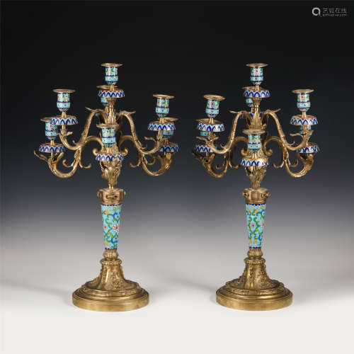 A PAIR OF CHINESE CLOISONNE CANDLESTICKS