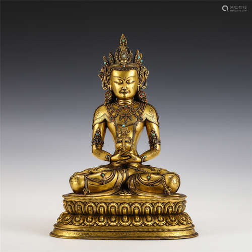 A CHINESE GILT BRONZE FIGURE OF LONGEVITY BUDDHA STATUE