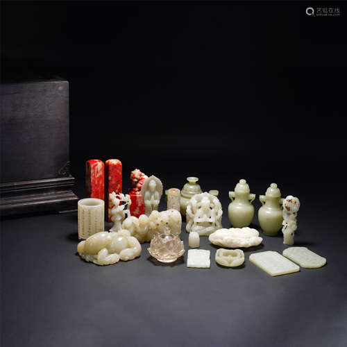 A GROUP OF CHINESE QING STYLE WHITE JADE CRYSTAL SCHOLAR'S O...