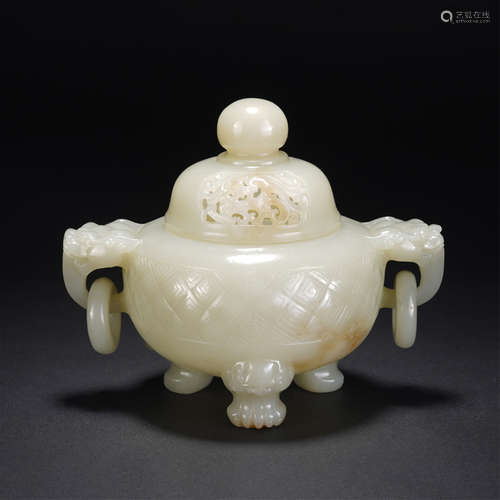 A CHINESE QING STYLE WHITE JADE TRIPOD INCENSE BURNER