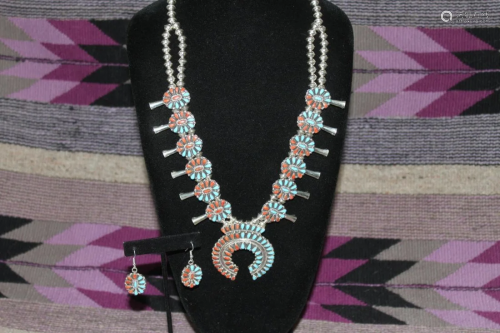 Navajo Turquoise & Coral Sterling Squash Bloosom &