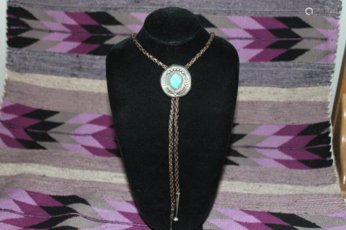 Old Pawn Sterling & Turquoise Leather Bolo